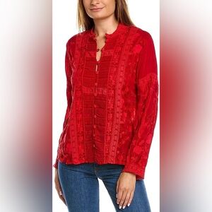 Johnny Was Top Womens Medium Red Tango Branch Arwen Blouse Embroidered Lace
